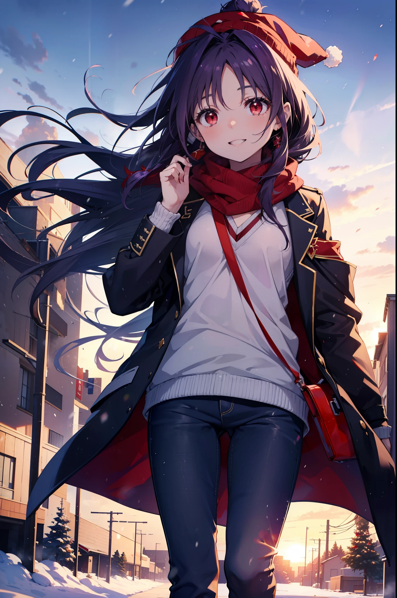 yuukikonno, Konno Yuuki, Long Hair, Pointed Ears, Purple Hair, (Red eyes:1.5), (Small breasts:1.2), Open your mouth,happy smile, smile, Open your mouth,Knitted hat,Red Scarf,Purple long coat,V-neck sweater,Skinny jeans,short boots,snowが降っている,snowが降り積もっている,snow,snow,snow,snow,winter,Cold night,Walking,whole bodyがイラストに入るように,
break looking at viewer, whole body,
break outdoors, In town,
break (masterpiece:1.2), Highest quality, High resolution, unity 8k wallpaper, (figure:0.8), (Beautiful attention to detail:1.6), Highly detailed face, Perfect lighting, Highly detailed CG, (Perfect hands, Perfect Anatomy),