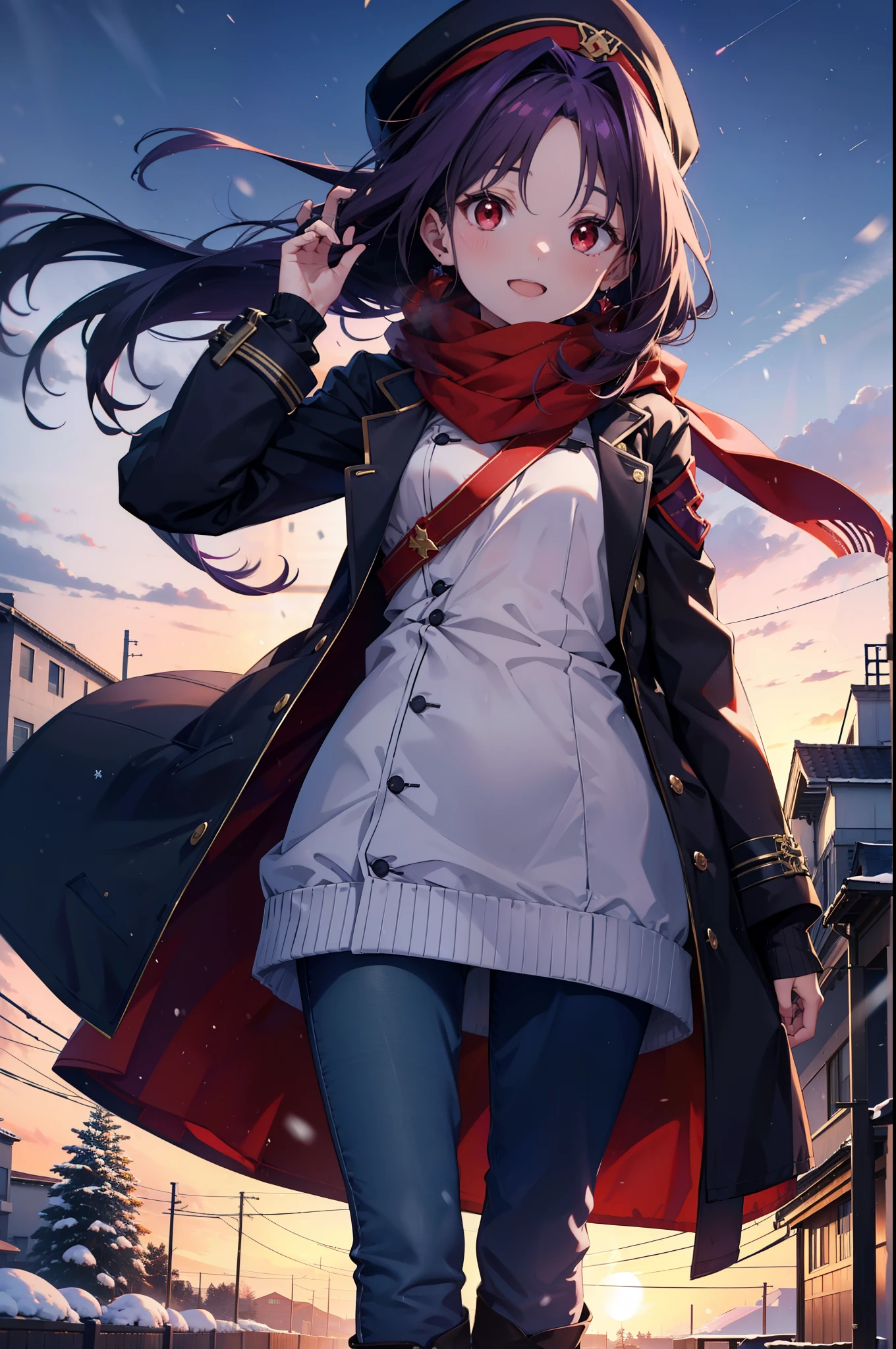 yuukikonno, Konno Yuuki, Long Hair, Pointed Ears, Purple Hair, (Red eyes:1.5), (Small breasts:1.2), Open your mouth,happy smile, smile, Open your mouth,Knitted hat,Red Scarf,Purple long coat,V-neck sweater,Skinny jeans,short boots,snowが降っている,snowが降り積もっている,snow,snow,snow,snow,winter,Cold night,Walking,whole bodyがイラストに入るように,
break looking at viewer,  whole body,
break outdoors, In town,
break (masterpiece:1.2), Highest quality, High resolution, unity 8k wallpaper, (figure:0.8), (Beautiful attention to detail:1.6), Highly detailed face, Perfect lighting, Highly detailed CG, (Perfect hands, Perfect Anatomy),