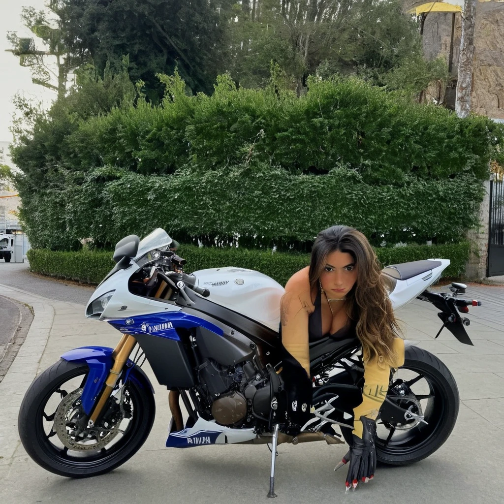 she is on a yamaha R1 and she is dressed sexy