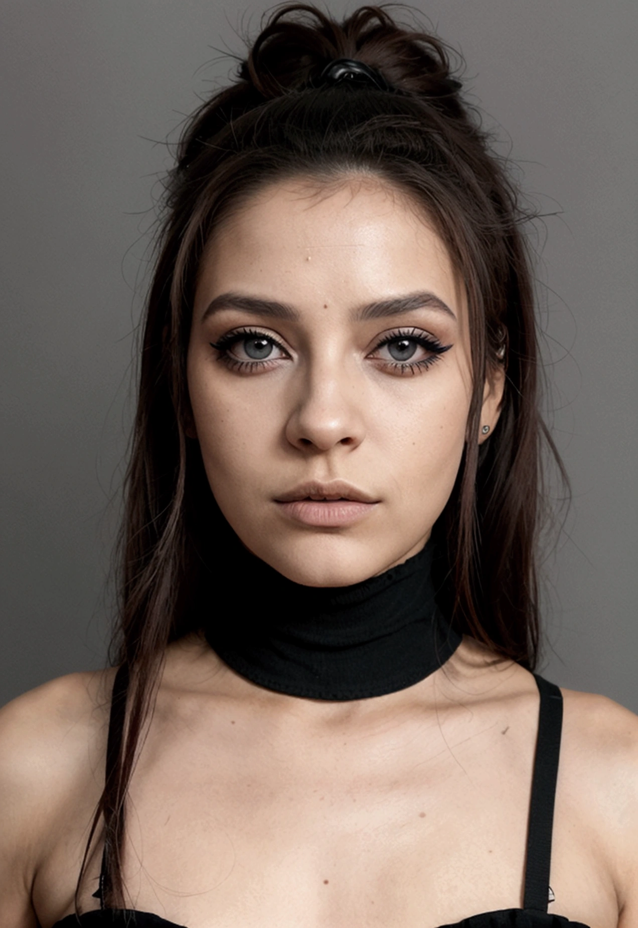 un contact visuel d'une femme latina, sceptique, compliqué, eye-liner graphique, matte Lèvre stick, surexposé, sourcils fins, Lèvres, indietronique, éclairage des silhouettes, filtre grunge désaturé
