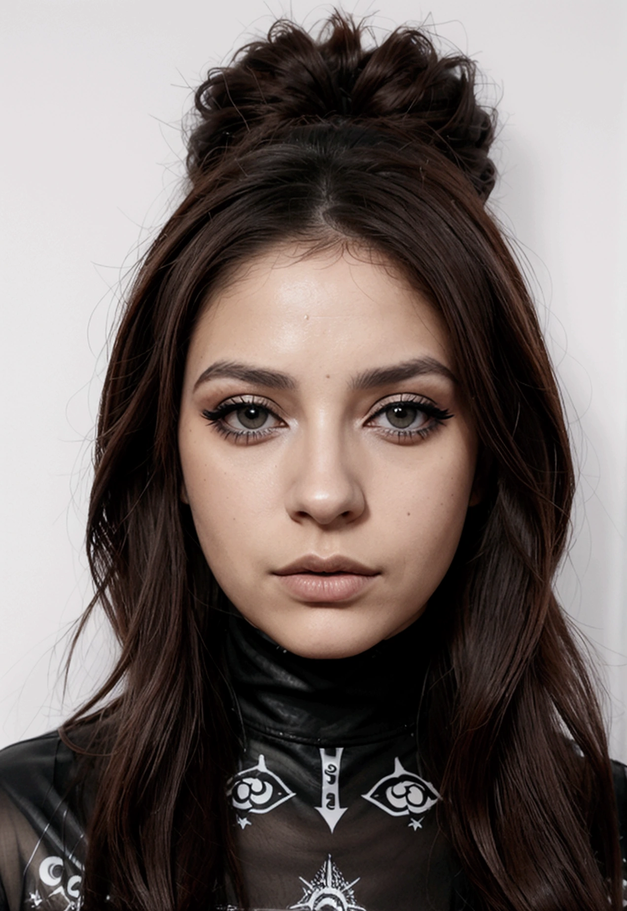 un contact visuel d&#39;une femme latina, sceptique, compliqué, eye-liner graphique, matte Lèvre stick, surexposé, sourcils fins, Lèvres, indietronique, éclairage des silhouettes, filtre grunge désaturé