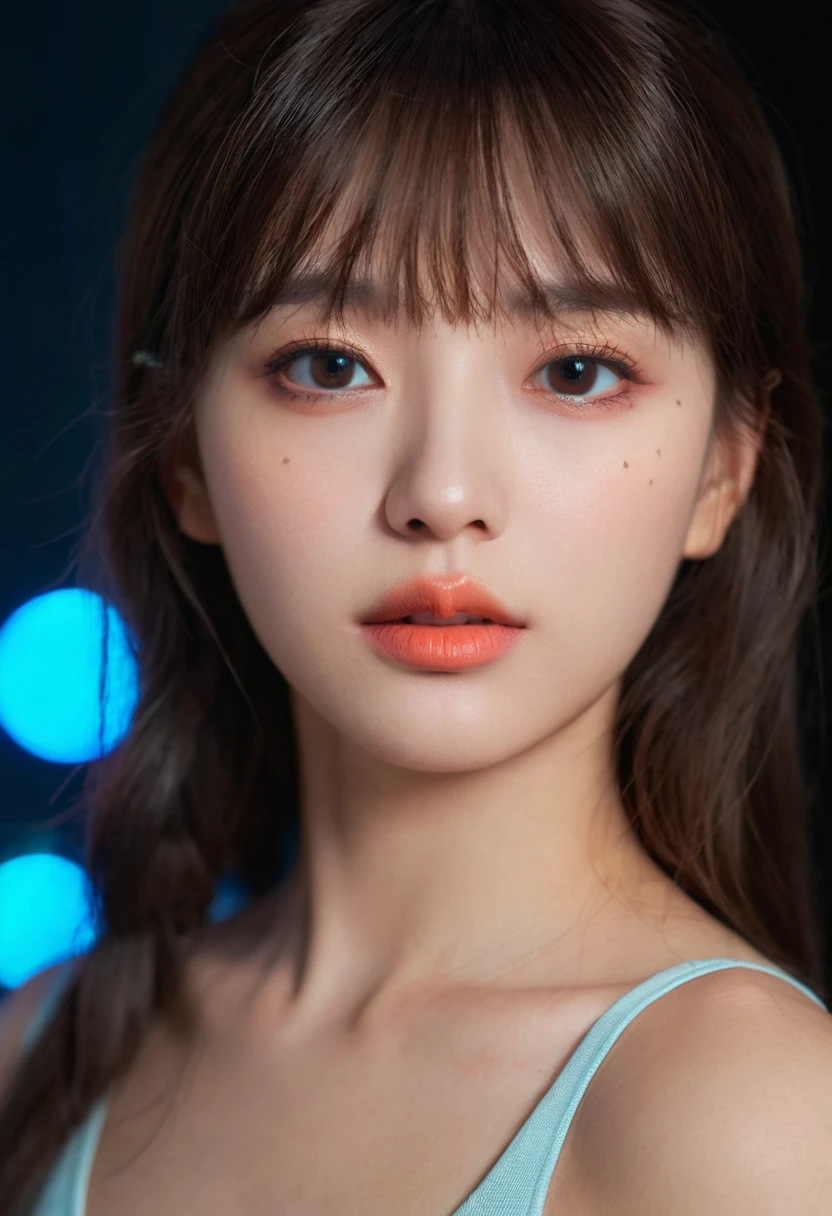 8K, best quality, 1 girl, (Skin Indentation), night, (dark), Indoor clear background, (people), Beautiful bangs, Gorgeous,, (Clothing and:1.3),Soft lighting, attractive, dark Room, (mouth close:1.2, beautiful eyes, Exquisite eyes, Detailed iris, Beautiful lips, Beautiful nose, Pretty Face),(primary color:1.5)，(Ambient Light:1.5)，(Neon lights:1.8),(Radioluminescence:1.3)