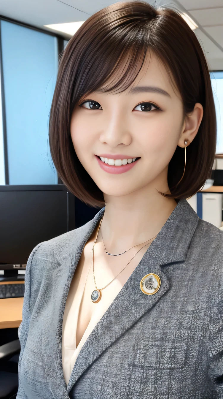 high quality:1.2), RAW Photos, High resolution, Very detailed, Intricate details, short hair、ear piercing、smile、Black Hair, (Front view, ), Clear beauty, Standing in an office room, Upper Body, (High Quality Fabric, Office Lady Suits 、Necklace around the neck、, The background is the office