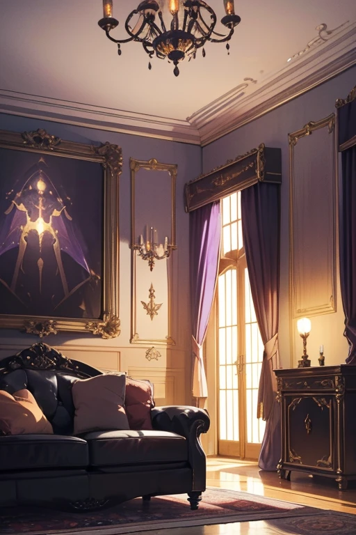 Interior, victorian Manor with reliquies, (((Nigth))), (((moonligth enters the living room))) soft pale orange palette, soft violet secundary exterior ligth