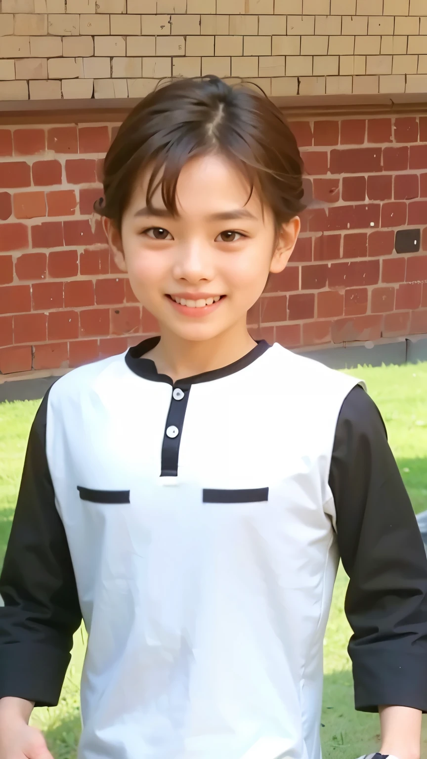 little boy, smile, white and black jacket, cute face, standing