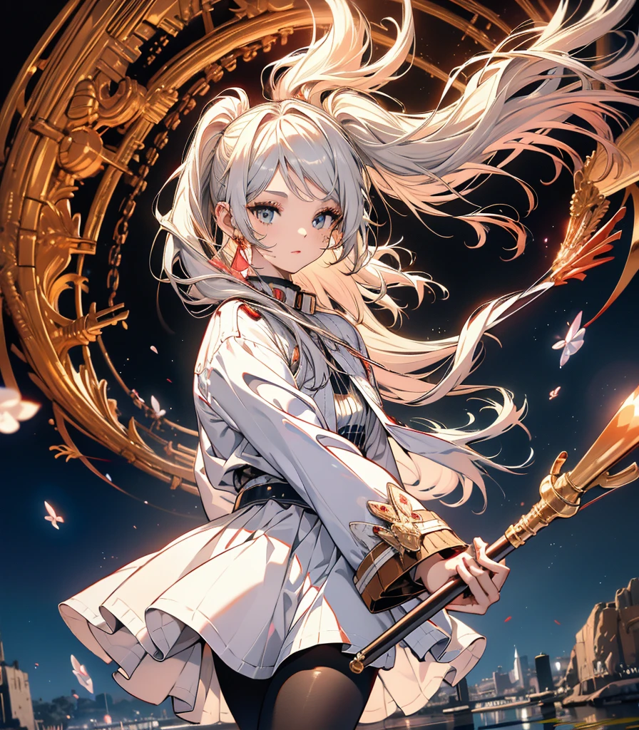 ((Highest quality)), ((masterpiece)), (detailed), Long Hair, Gray Hair, Twin tails, Pointed Ears, Earrings, Thick eyebrows, White capelet, Striped shirt, Long sleeve, belt, White Skirt, Black Pantyhose High resolution Holding a walking stick magic circle ,freeze,Upper Body