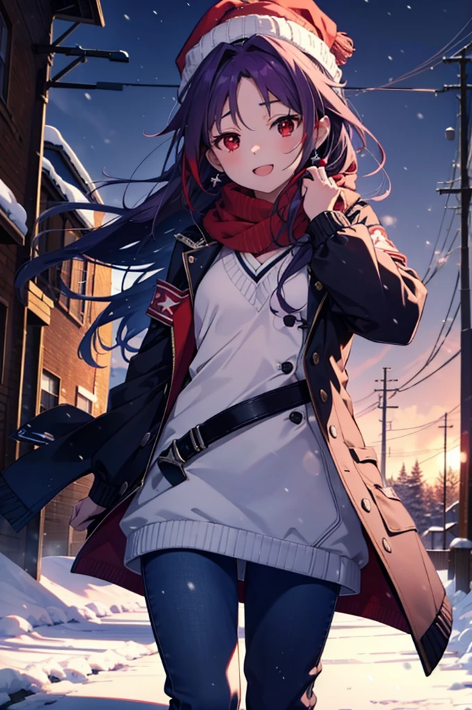 yuukikonno, Konno Yuuki, Long Hair, Pointed Ears, Purple Hair, (Red eyes:1.5), (Small breasts:1.2), Open your mouth,happy smile, smile, Open your mouth,Knitted hat,Red Scarf,Purple long coat,V-neck sweater,Skinny jeans,short boots,snowが降っている,snowが降り積もっている,snow,snow,snow,snow,winter,Cold night,Walking,whole bodyがイラストに入るように,
break looking at viewer, whole body,
break outdoors, In town,
break (masterpiece:1.2), Highest quality, High resolution, unity 8k wallpaper, (figure:0.8), (Beautiful attention to detail:1.6), Highly detailed face, Perfect lighting, Highly detailed CG, (Perfect hands, Perfect Anatomy),
