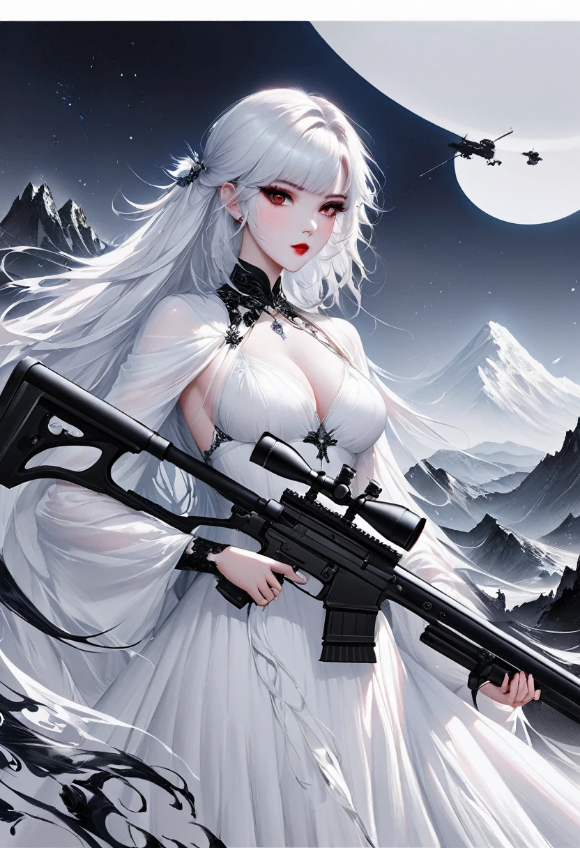 (Lots of white space:1.5)，(Lots of white space around:1.6), White background, simple, Minimalism, Abstract,Mode，Aesthetic，black and white，Ink Painting，，a mountain，Sniper from a distance，Holding a huge sniper rifle，一幅Abstract的艺术插图, author：Li Song, Arte no estilo de Gu Weiss, Shin Jin Hye, Obra-prima de Gu Weiss, Ross Figure 1. 0, Beautiful digital illustrations, Inspired by Non-WLOP, simple數位藝術, jingna zhang, Gu Weiss, Stunning digital illustrations