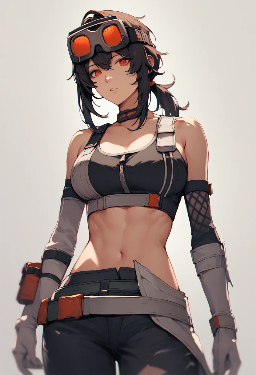 score_9, score_8, score_8_up, gracehd-ponyxl, 1girl, black choker, black gloves, white gloves, black pants, black sports bra, elbow gloves, goggles on head, looking at viewer, low ponytail, medium breasts, parted lips, white gloves, zipper, belt