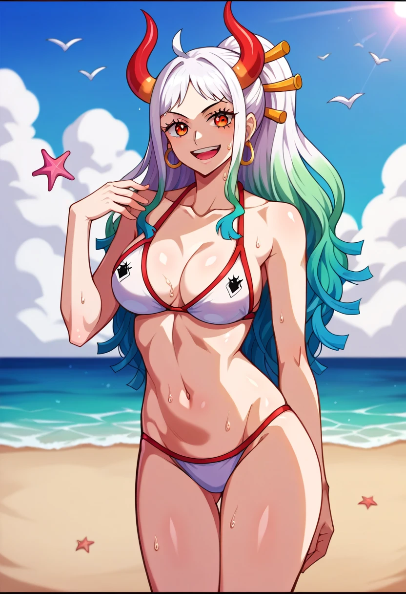 score_9,score_8_superior,score_7_superior,score_6_superior, Yamato \(one piece\), One girl, alone, Multicolored Hair, jewelry, Earrings, hair ornaments, Wrapping angle, Long Hair, They are, smile, rope, chest, Hairpin, Blur the background, Open your mouth, hoop Earrings, Exposing shoulders, Simple Background, (Flowing Hair:1.2), masterpiece, Highest quality, High resolution, Highly detailed face, Very fine eyelashes, Highly detailed eyes, Beautiful fingers, elegant, elegant face, Sexy Body, large chest, 完璧な丸いchest, Beach parasol, bikini, Black border, chest, cloud, Day, where, Letterbox, View your viewers, belly button, Ocean, sand, Seagull, throw, Are standing, arm superior, null, smile, alone, Starfish, water着, water, watercraft, Wet, white,三角bikini,