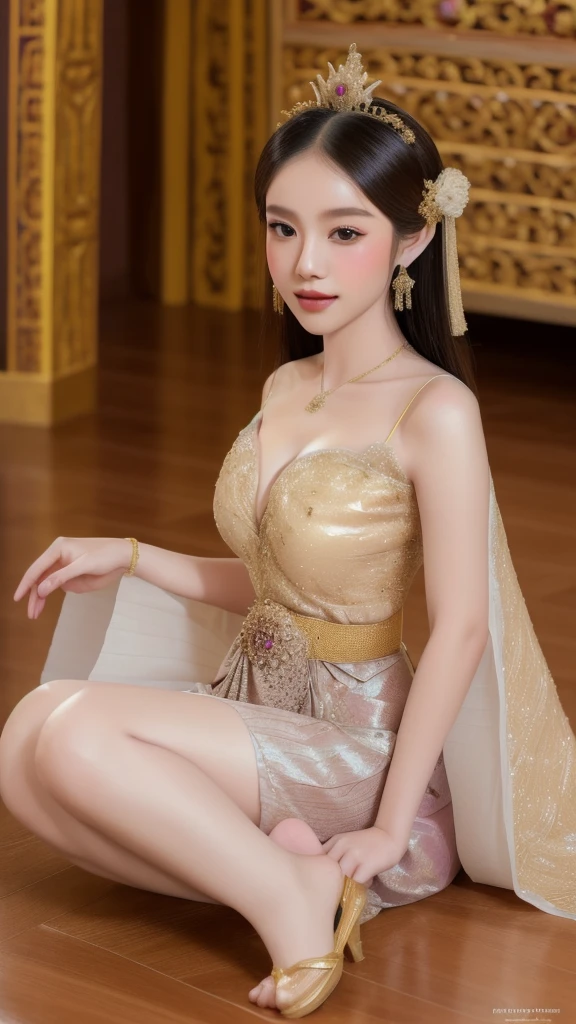 Thai princess, wearing a Thai royal dress, showing her cleavage, beautiful Thai dress, Thai princess sitting on the royal wooden floor.