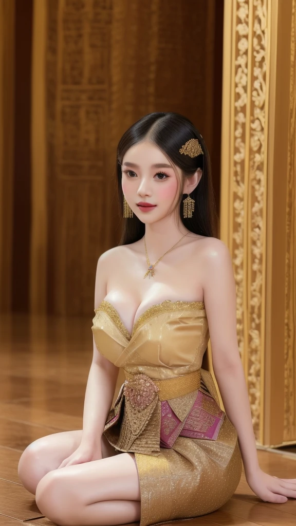 Thai princess, wearing a Thai royal dress, showing her cleavage, beautiful Thai dress, Thai princess sitting on the royal wooden floor.