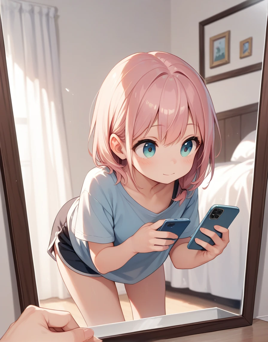 A little girl holding a mobile phone，Bend over and take a photo in the mirror，Another little girl is acting cute on the side，cute