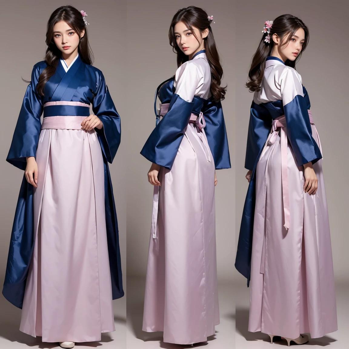 (masterpiece, best quality:1.5), ultra detailed, high resolution, 16k, the most beautiful face in the world, perfect face, delicate facial features, highly detailed beautiful face and eyes, shiny skin, highly detailed background, elaborately designed, fine cloth texture, perfect anatomy, BREAK, (gorgeous and stunning teenage girl in hanbok:1.2), perfect make-up, deeply in love, full of elegance, (full body:1.5), (three view drawing, front and back and side, character sheet:1.3)