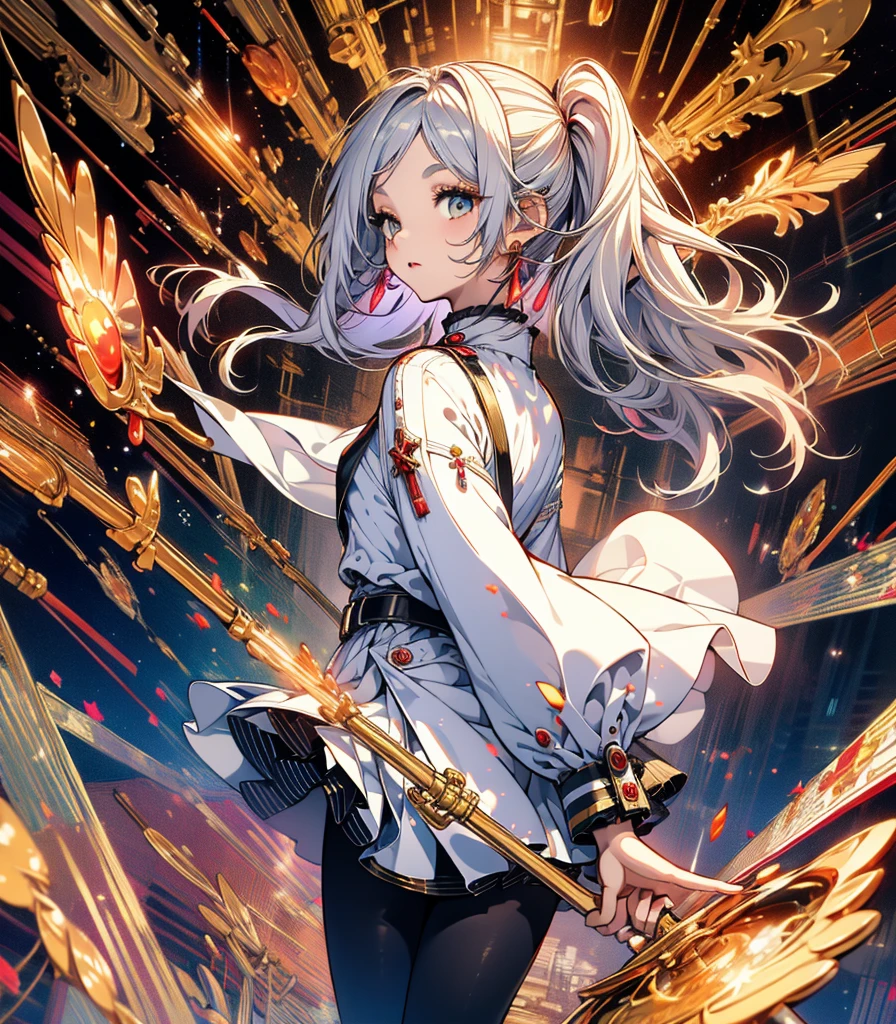 ((Highest quality)), ((masterpiece)), (detailed), Long Hair, Gray Hair, Twin tails, Pointed Ears, Earrings, Thick eyebrows, White capelet, Striped shirt, Long sleeve, belt, White Skirt, Black Pantyhose High resolution Holding a walking stick ,freeze,Upper Body