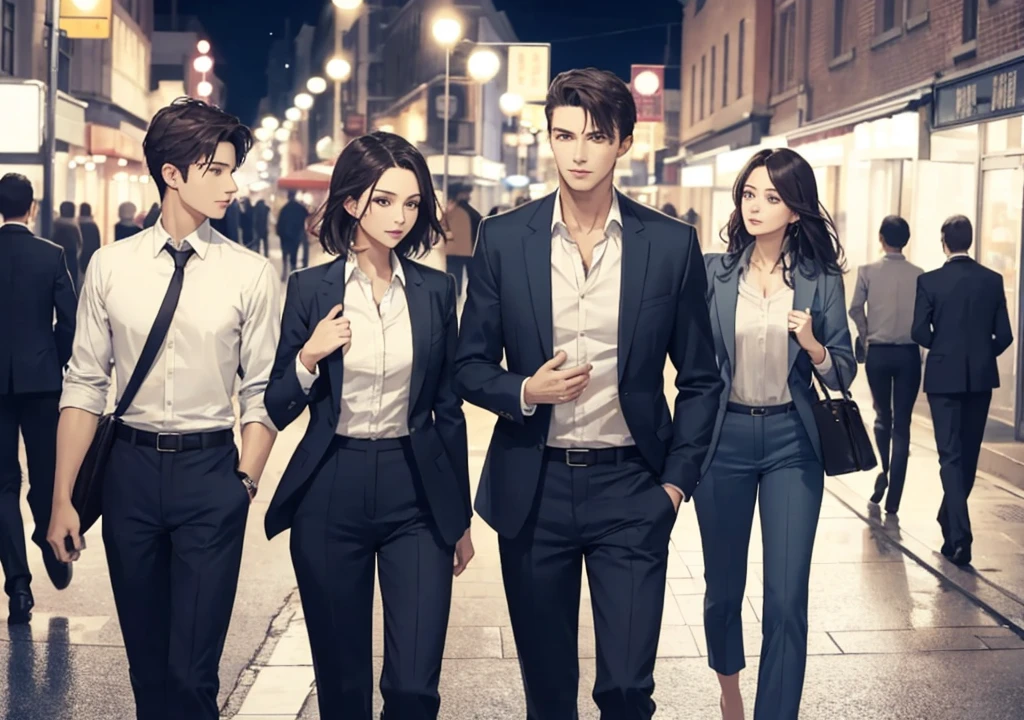 Two men and women、Man is 20 years old,good looking,Shirt and trousers,Unconfident look,BREAK The woman is 30 years old,Beauty,Shirt and trousers,BREAK talking to a man, background is night city