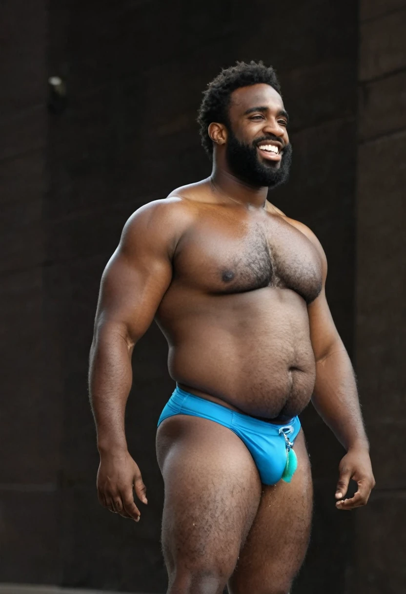 Black male, hairy, speedo, big prominent belly, big bulged and bloated belly, swollen tummy, muscular, tall