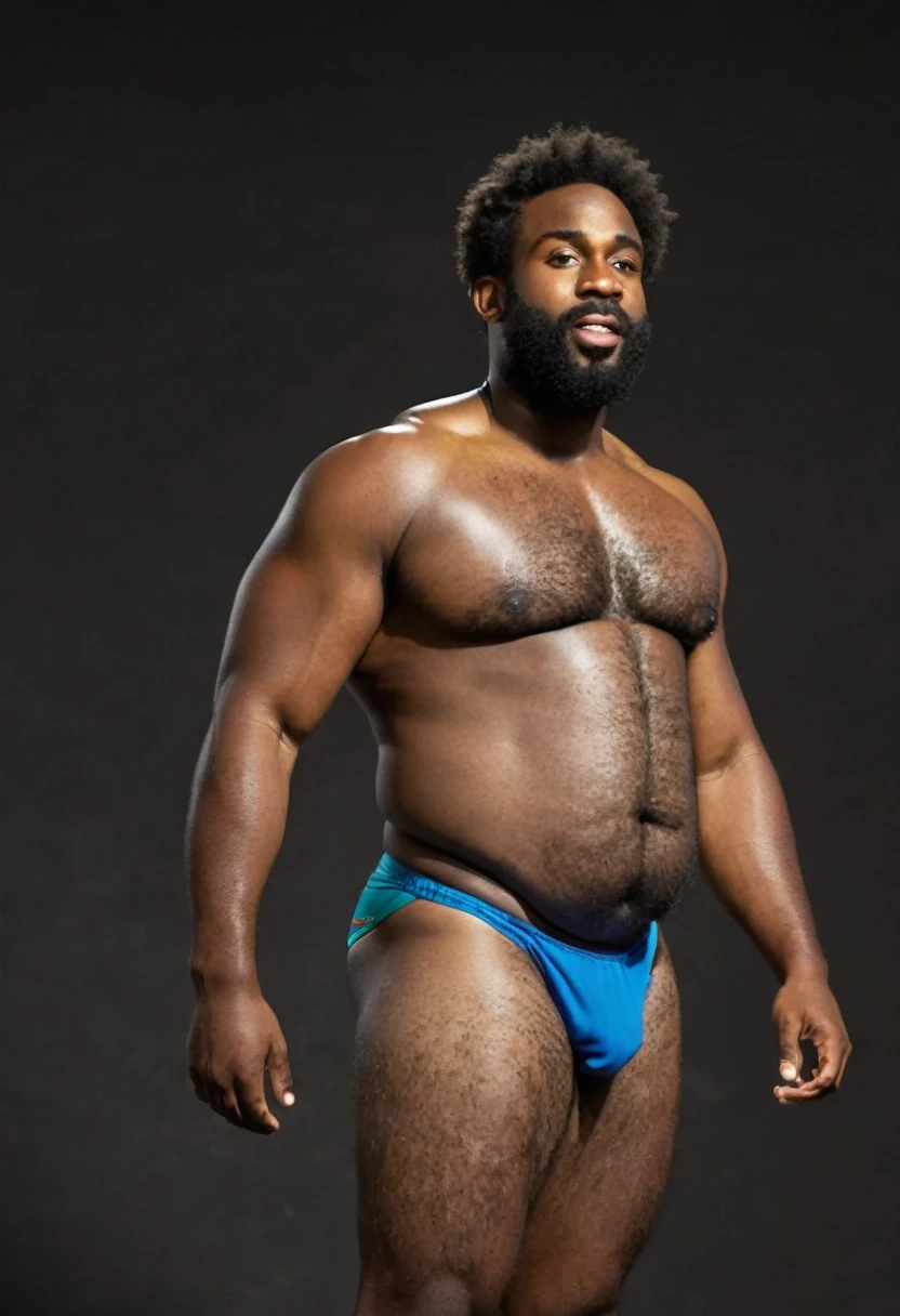 Black male, hairy, speedo, big prominent belly, big bulged and bloated belly, swollen tummy, muscular, tall