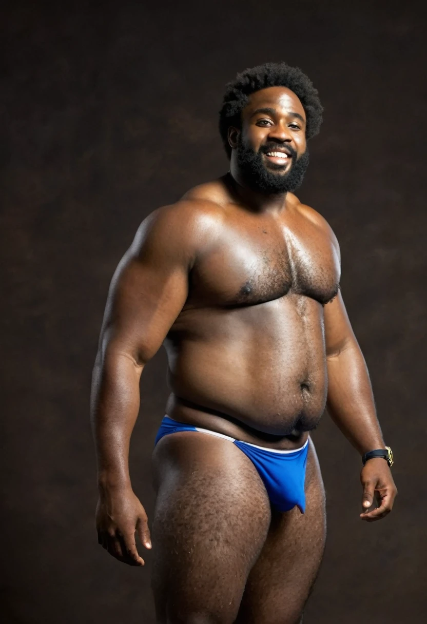 Black male, hairy, speedo, big prominent belly, big bulged and bloated belly, swollen tummy, muscular, tall