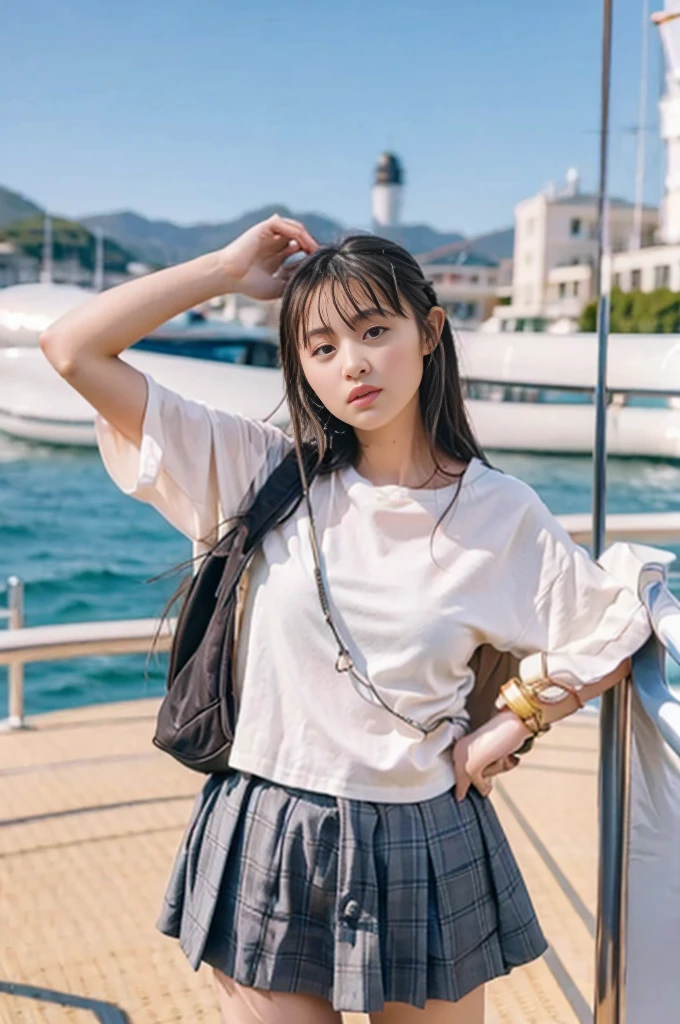 8k, RAW Photos, Highest quality, masterpiece:1.2), masterpiece, Highest quality, shape, Very detailed, Fine details, High resolution, 8k,wallpaper, Perfect dynamic composition,(High quality with attention to detail, Realistic depiction of eyes:1.3)、A woman who has been  and has her Hand tied、Place your arms behind your back、Hand tie,Standing on a yacht floating on the sea、Tartan Check Pleated Skirt、whole body、A strong wind blows and flips up my skirt、White panties are visible、The whole is facing forward、２１talent、beauty、Well-formed face、Make the eyes even、Beautiful black hair、Bandidium Build、Balanced ratio、Beautiful legs、Short sleeve blouse、Fresh face、Beautiful views、
