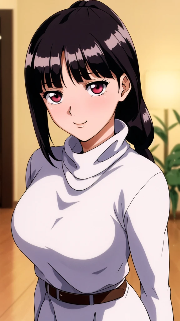 white turtleneck, black shirt,black long skirt,white belt,hair ornament, hair scrunchie,low ponytail,
long hair,bangs, black hair, blunt bangs,big red eyes,alone, 1 girl,Young female, 18 years old, very cute, smile, Beautiful Finger,Beautiful long legs,Beautiful body,Beautiful Nose,Beautiful character design, perfect eyes, perfect face,expressive eyes, looking at viewer, in the center of the image,(light smile:0.5), official art, indoor, portrait, perfect lighting,Colorful, Bright_Front_face_Lighting,shiny skin, (masterpiece:1.0),(best quality:1.0), ultra high res,4K,ultra-detailed, photography, 8K, HDR, highres, absurdres:1.2, Kodak portra 400, film grain, blurry background, bokeh:1.2, lens flare, (vibrant_color:1.2), (beautiful face), (curvy body), ashamed, blushing,
