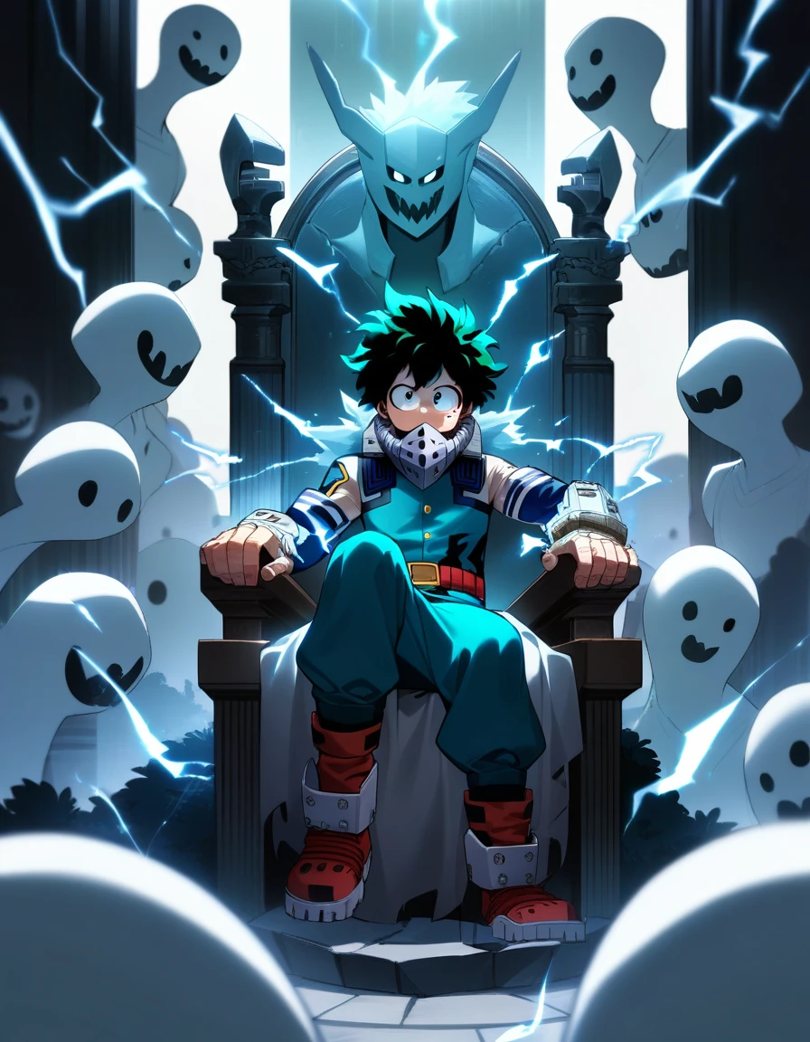 1 boy, male focus, midoriya izuku, Boku no Hero Academia, wound, electricity,, masterpiece, Best quality, very aesthetic, absurd Anime girl sits on a throne surrounded by ghosts