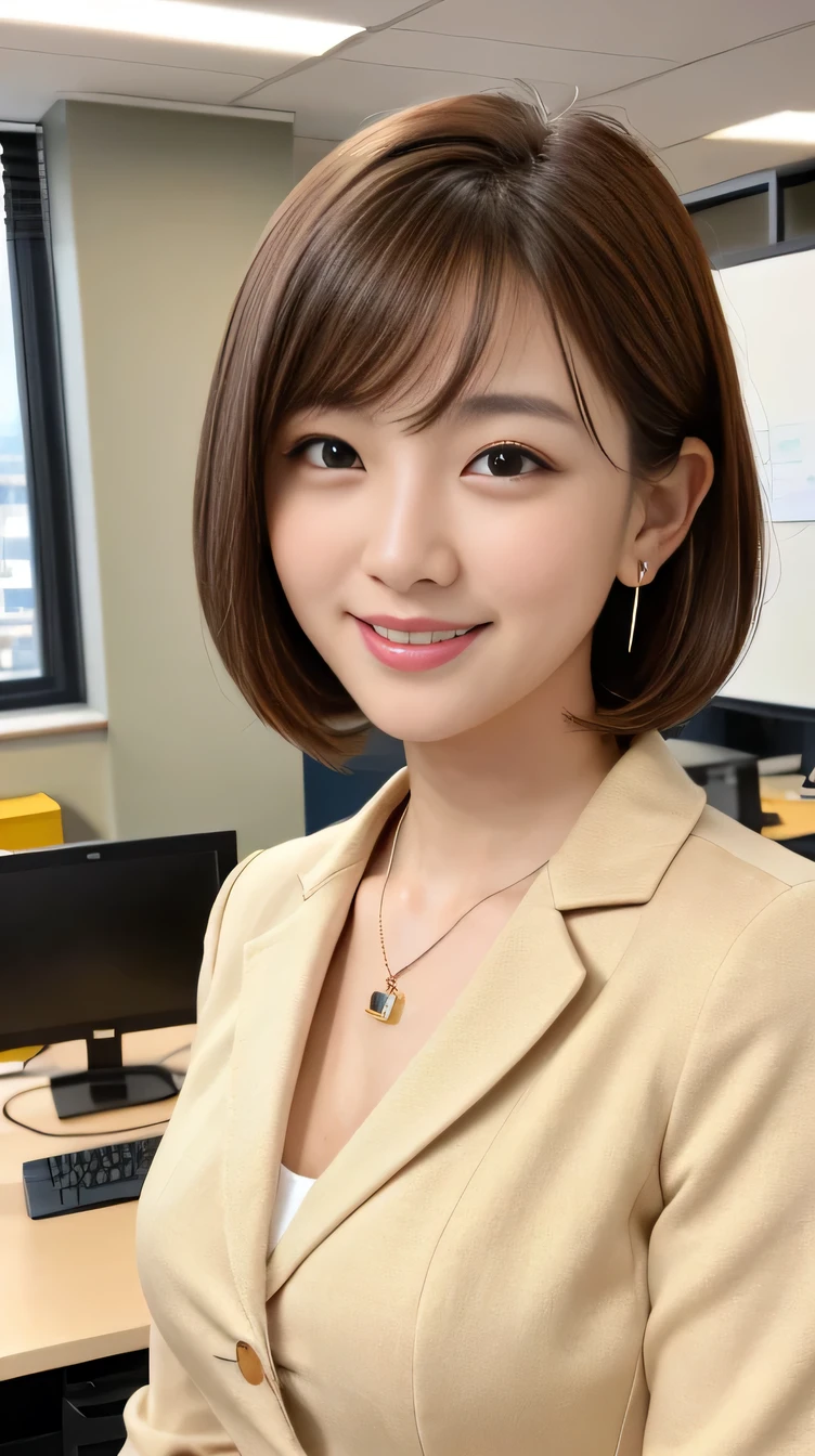 high quality:1.2), RAW Photos, High resolution, Very detailed, Intricate details, short hair、ear piercing、smile、Brown Hair, (Front view, ), Clear beauty, Standing in an office room, Upper Body, (High Quality Fabric, Office Lady Suits 、Necklace around the neck、, The background is the office