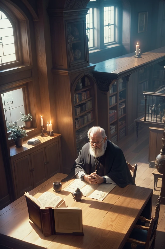 An 80s style office, in a fantasy world, with several book shelves, stuffed animal heads on the walls, a large oak table in the center, a large window and curtains behind the table. An old man wearing a black robe was sitting behind the table. A few candles in the corners illuminate the room. shunlight.