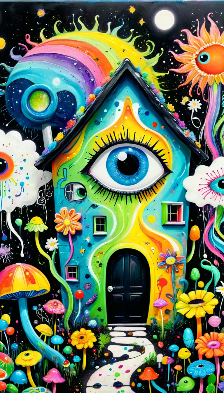Children's graffiti,Thick coating,Concave and convex texture,Oil pastel strokes:Colorful black,Dopamine color matching,Rainbow lollipops、house、flowesh、Tentacles、bird、(((Eye)))、diatom,Abstract mosaic painting,Describing the inner world of autistic people,Sense of space,White Space,interesting,Innocence,Psychedelic Art,