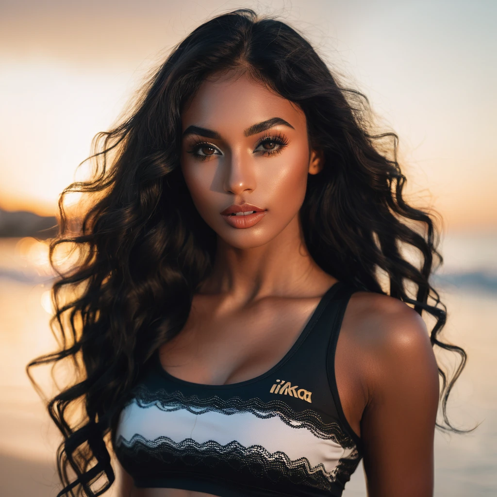best quality, 4k, high resolution , high resolution face details), black long wavy hair, 21 years old, instagram model, 36DD breast, pretty face, dark makeup, fake lashes, natural lips, dark skin, she is skinny, athletic body, she is caucasian, golden hour, posing, sexy, sensual vibes, whole body image, playing football