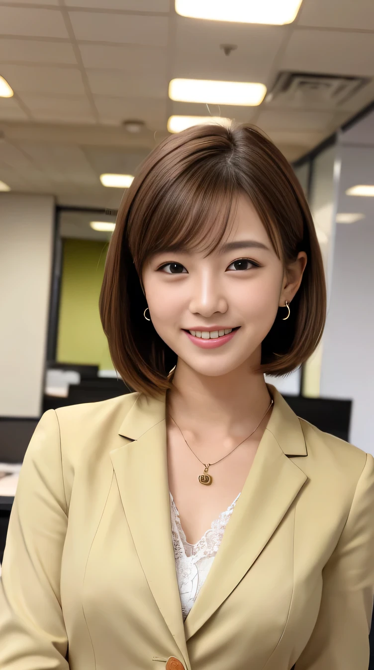 high quality:1.2), RAW Photos, High resolution, Very detailed, Intricate details, short hair、ear piercing、smile、Brown Hair, (Front view, ), Clear beauty, Standing in an office room, Upper Body, (High Quality Fabric, Office Lady Suits 、Necklace around the neck、, The background is the office