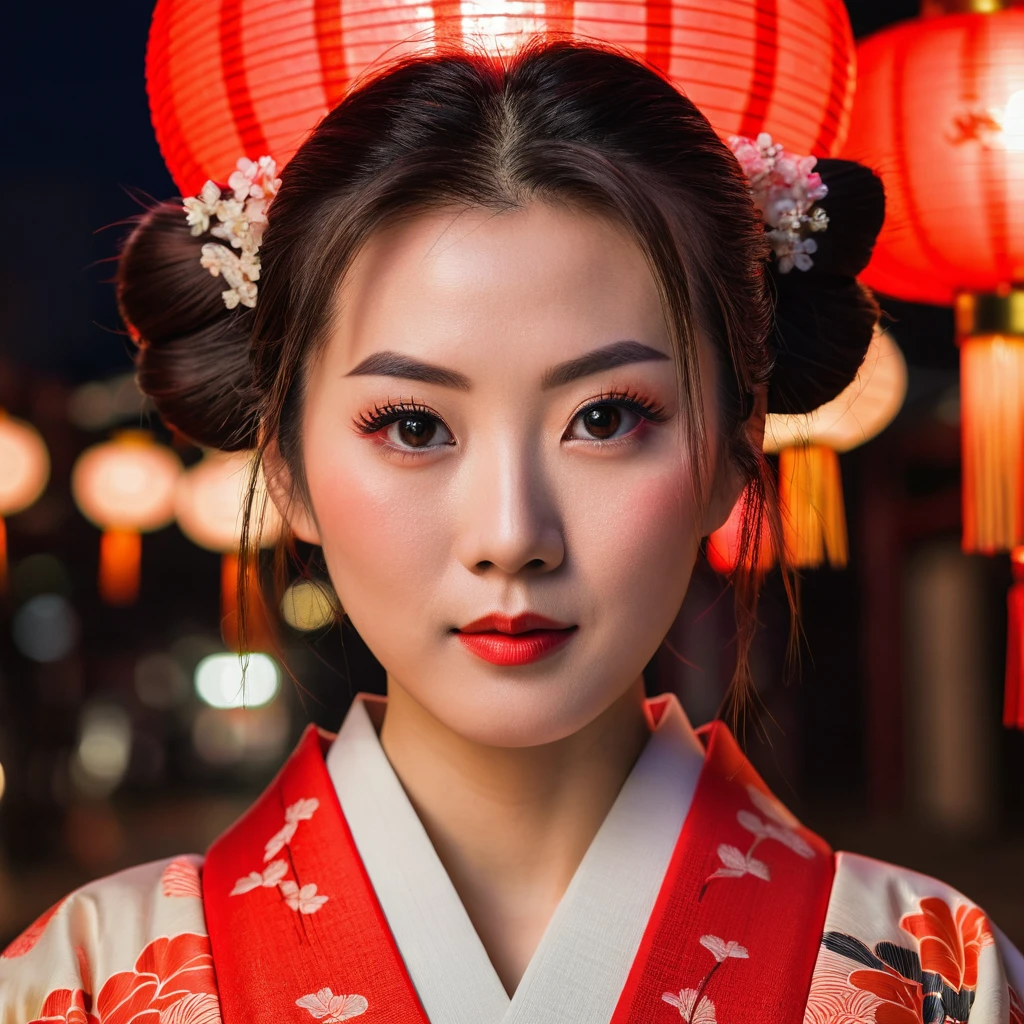 A beautiful Japanese woman with twin ponytails, wearing traditional kimono and delicate makeup, stands in front of the camera for an extreme closeup portrait. The background is illuminated by red lanterns, creating warm tones that highlight her features. Her expression exudes confidence as she looks directly at the viewer. The focus is on her face with soft lighting, in the style of traditional Japanese photography, using a Canon EOS R5.
.