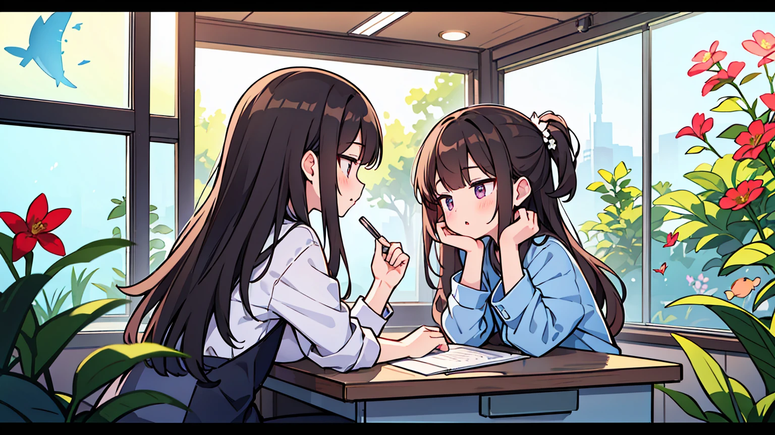 (masterpiece, best quality),2 women, different hair colors, different faces, flower, long hair, outdoors, letterboxed, Aquarium, looking for, perfection of fashion,chapped lips, black hair,casual attire, whole body, from the side, pink flower, brown hair, depth of field ,유리창 밖 거대한 초대형 Aquarium, In a spacious café, study at desk,My eyes are on the note, together, stylish outfit,