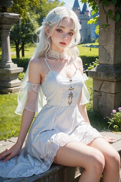 A young girl of 20 years, with , He has short, curly white hair.. she is very pretty, with Slavic skin and freckles, and wears a short princess dress, showing her legs, It is located in the garden of a castle,