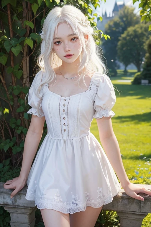 A young girl of 20 years, with , He has short, curly white hair.. she is very pretty, with Slavic skin and freckles, and wears a short princess dress, showing her legs, It is located in the garden of a castle,