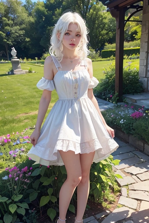 A young girl of 20 years, with , He has short, curly white hair.. she is very pretty, with Slavic skin and freckles, and wears a short princess dress, showing her legs, It is located in the garden of a castle,