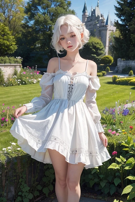 A young girl of 20 years, with , He has short, curly white hair.. she is very pretty, with Slavic skin and freckles, and wears a short princess dress, showing her legs, It is located in the garden of a castle,