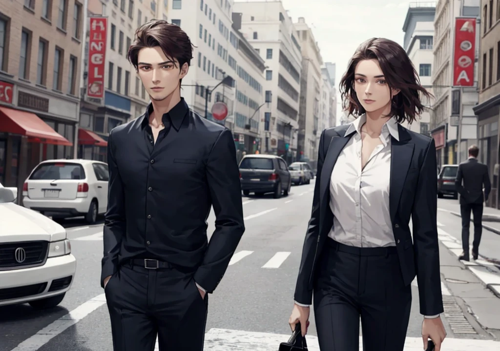 Man is 20 years old,good looking,Shirt and trousers,Unconfident look,BREAK The woman is 30 years old,Beauty,Shirt and trousers,BREAK talking to a man, background is night city