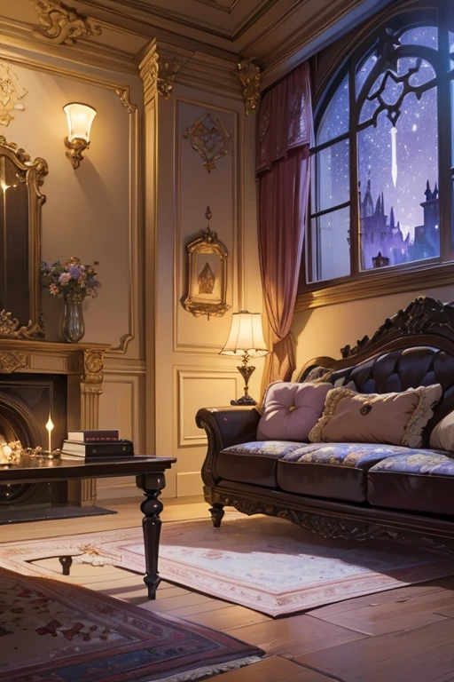 Interior, victorian Manor with reliquies, (((Nigth))), (((moonligth enters the living room))) soft pale orange palette, soft violet secundary exterior ligth 