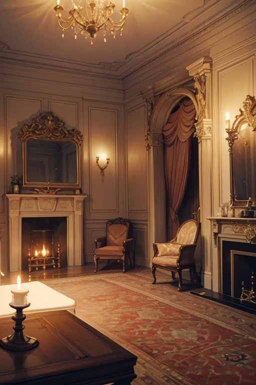 Interior, victorian Manor with reliquies, (((Nigth))), (((moonligth enters the living room))) soft pale orange palette, soft violet secundary exterior ligth 