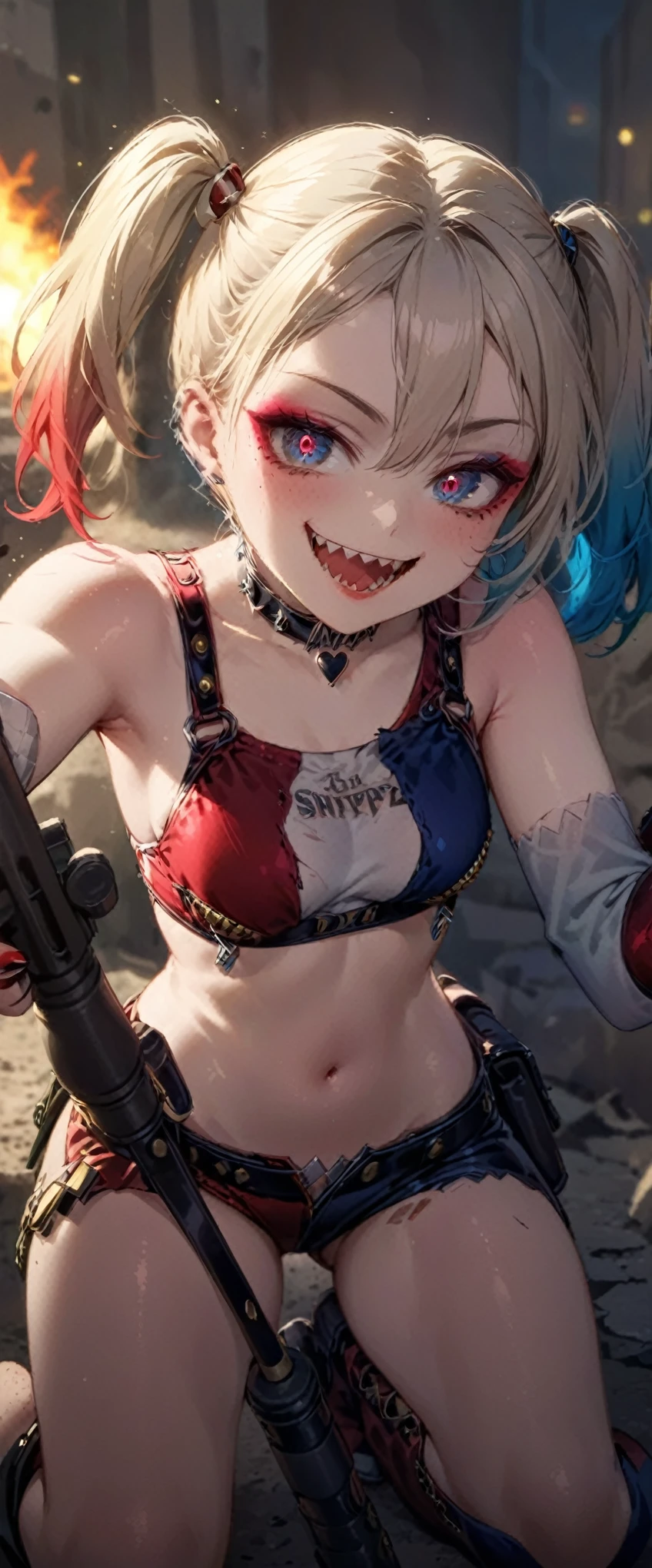 HarleyQuinn1024,quality\(8k,wallpaper of extremely detailed CG unit, ​masterpiece,hight resolution,top-quality,top-quality real texture skin,hyper realisitic,increase the resolution,RAW photos,best qualtiy,highly detailed,the wallpaper,cinematic lighting,ray trace,golden ratio\), BREAK ,1girl\(HarleyQuinn\(Suicide Squad\),(shooting 2sniperrifles by both hands:1.6),(big smile:1.4),open mouth,sharp teeth, (long tongue:0.5), happy,evil smile, detailed eyes, two_tone hair,(wearing makeup:1.4),twin tails,breast,ripped clothes,open stomach,muscle,cute,crazy,mad,looking down at viewer\), BREAK ,background\(big explosion on back,simple,collapsed city, debris\),dynamic angle,high contrast,full body,dynamic pose,dynamic action