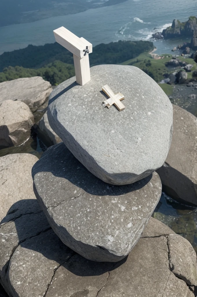A rock with a cross on top 