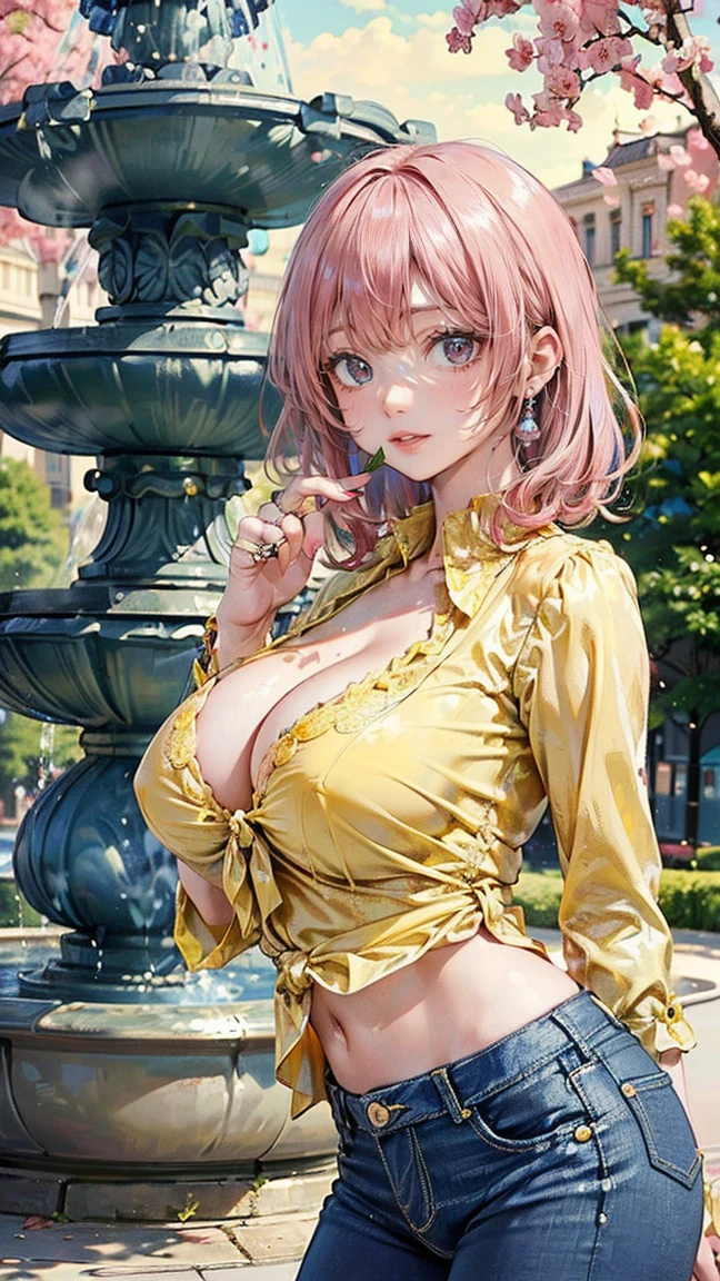 ((Highest quality, 8k, masterpiece :1.3)), (Sharp focus :1.2, Beautiful woman with perfect figure :1.4, Slim Abs :1.2), ((Big Breasts, Emphasize cleavage, The underboob is visible:1.3)), (Photorealistic:1.4), (realistic:1.4), (Pink Hair:1.5), Highly detailed face and skin texture, Fine grain, double eyelid. Makeup face, A little bit of lipstick, sex appeal, Sexy gravure pose, ((Yellow blouse and blue jeans。The background is a fountain in the park、A fun afternoon。The accessory is a simple ring.。:1.3)