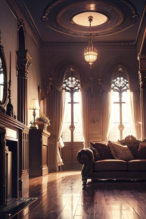 Interior, victorian Manor with reliquies, (((Nigth))), (((moonligth enters the living room))) soft pale orange palette, soft violet secundary exterior ligth
