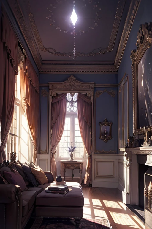 Interior, victorian Manor with reliquies, (((Nigth))), (((moonligth enters the living room))) soft pale orange palette, soft violet secundary exterior ligth
