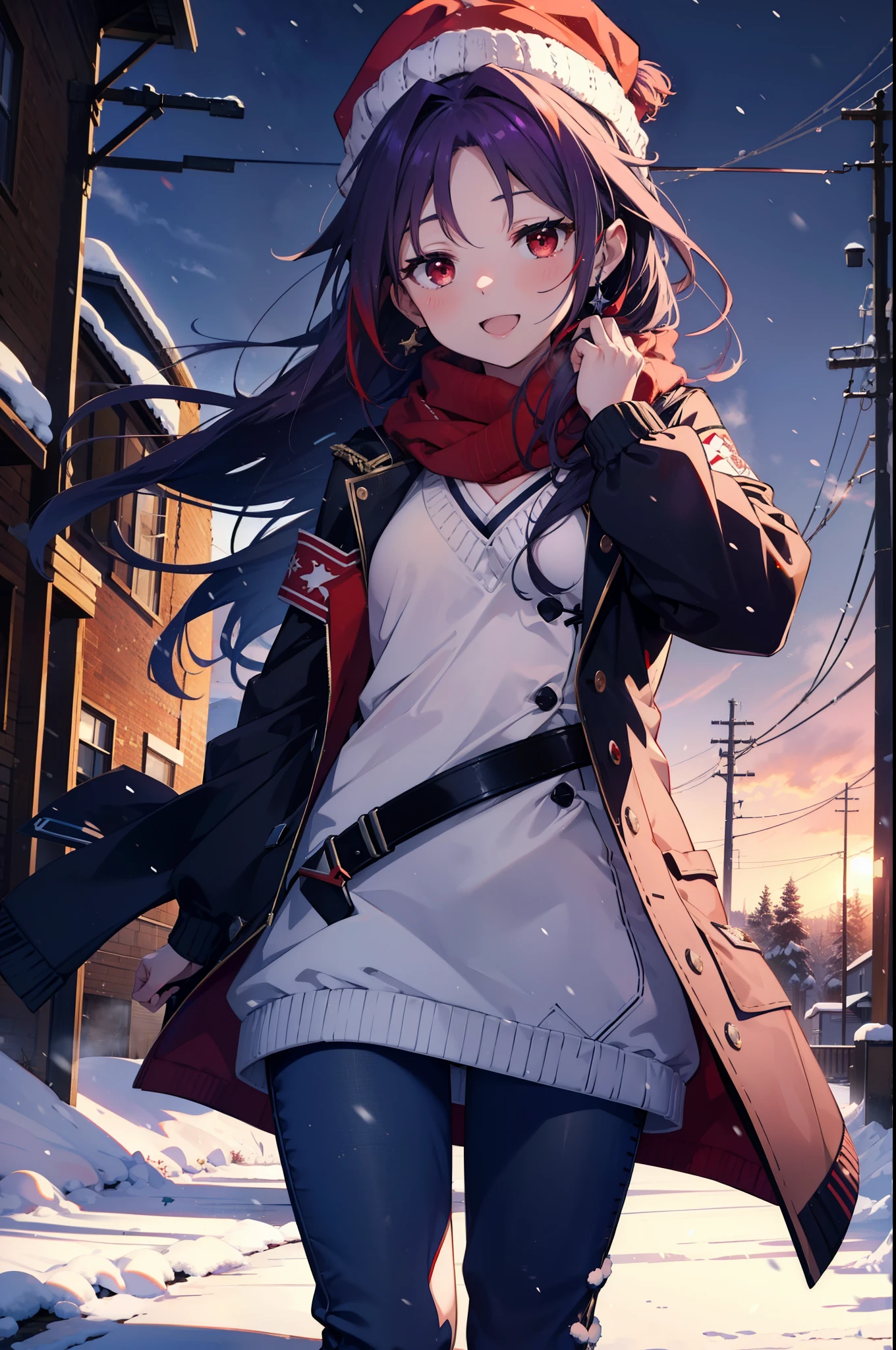 yuukikonno, Konno Yuuki, Long Hair, Pointed Ears, Purple Hair, (Red eyes:1.5), (Small breasts:1.2), Open your mouth,happy smile, smile, Open your mouth,Knitted hat,Red Scarf,Purple long coat,V-neck sweater,Skinny jeans,short boots,snowが降っている,snowが降り積もっている,snow,snow,snow,snow,winter,Cold night,Walking,whole bodyがイラストに入るように,
break looking at viewer,  whole body,
break outdoors, In town,
break (masterpiece:1.2), Highest quality, High resolution, unity 8k wallpaper, (figure:0.8), (Beautiful attention to detail:1.6), Highly detailed face, Perfect lighting, Highly detailed CG, (Perfect hands, Perfect Anatomy),