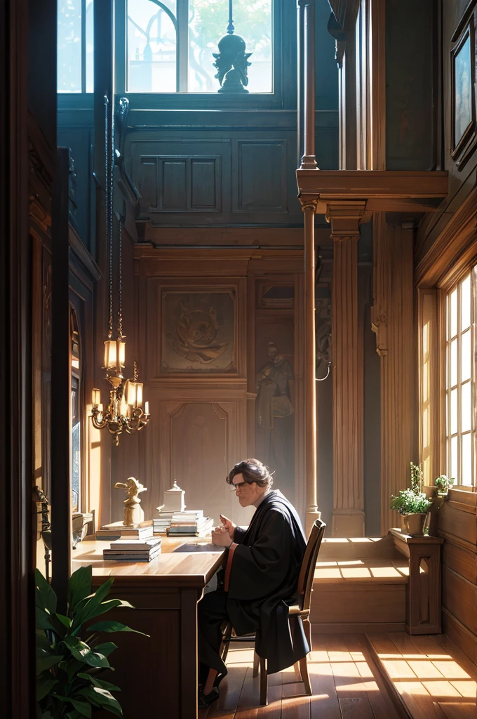 An 80s style office, in a fantasy world, with several book shelves, stuffed animal heads on the walls, a large oak table in the center, a large window and curtains behind the table. An old man wearing a black robe was sitting behind the table. A few candles in the corners illuminate the room. shunlight.