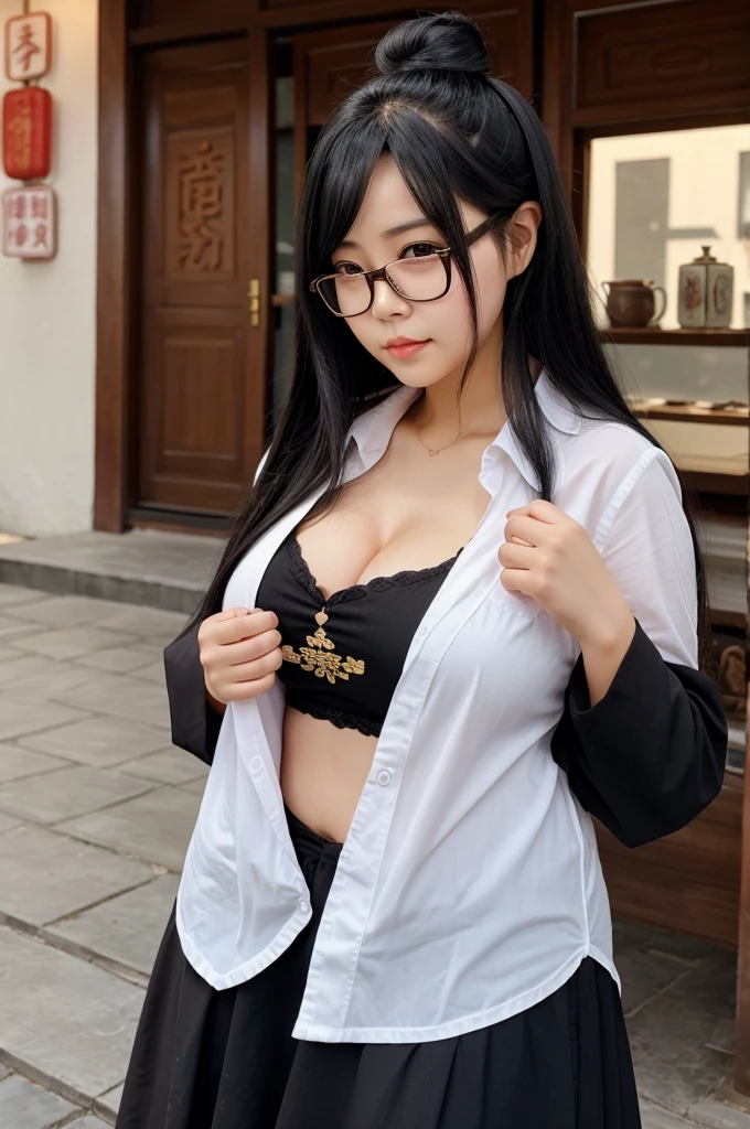 Slightly chubby girl with specs long black hair woth chinese bun