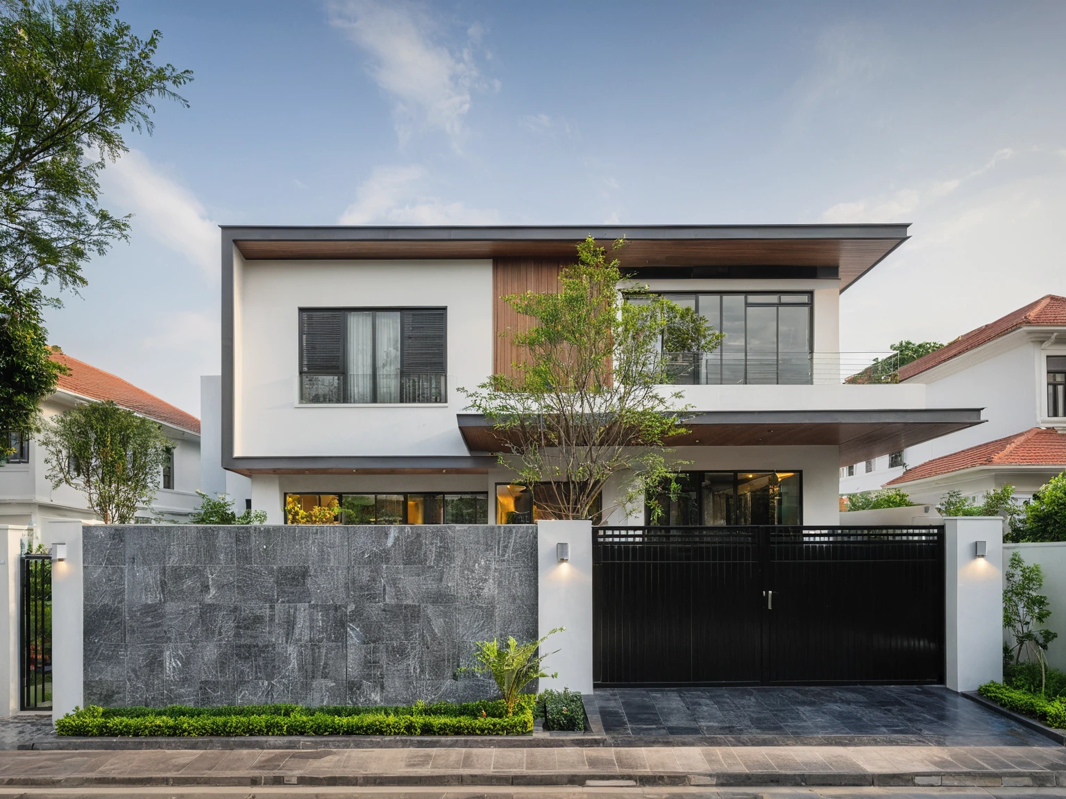 modern villa on street, (daylight), tropical tree, vivid colour, streetcapes, white tone, dark tiled granite wall, white wall, steel gate, large glass door, woodern ceiling, tray lighting, warm interior lighting, best quality,