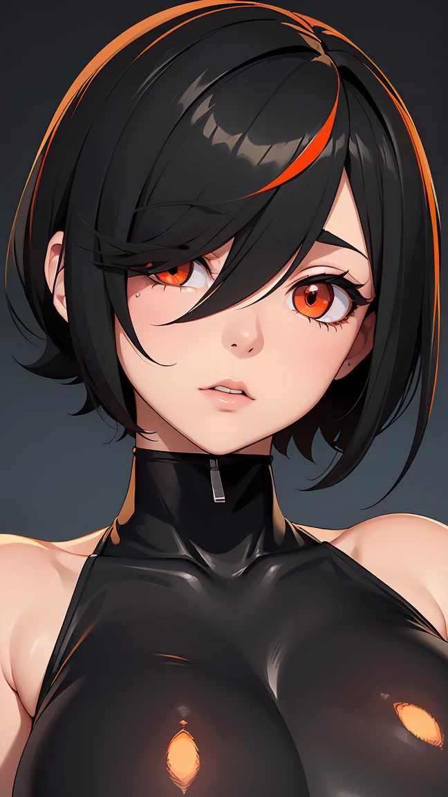 score_9, score_8_up, score_7_up, score_6_up, score_5_up, score_4_up,(Black Hair),(orange hidden highlights),short hair,(Red eyes),Gentle expression,(((Hair on one eye))),very big breasts,Erect nipples,